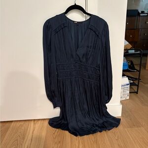 Maje Navy Long-Sleeve Pleated Mini/Midi Dress